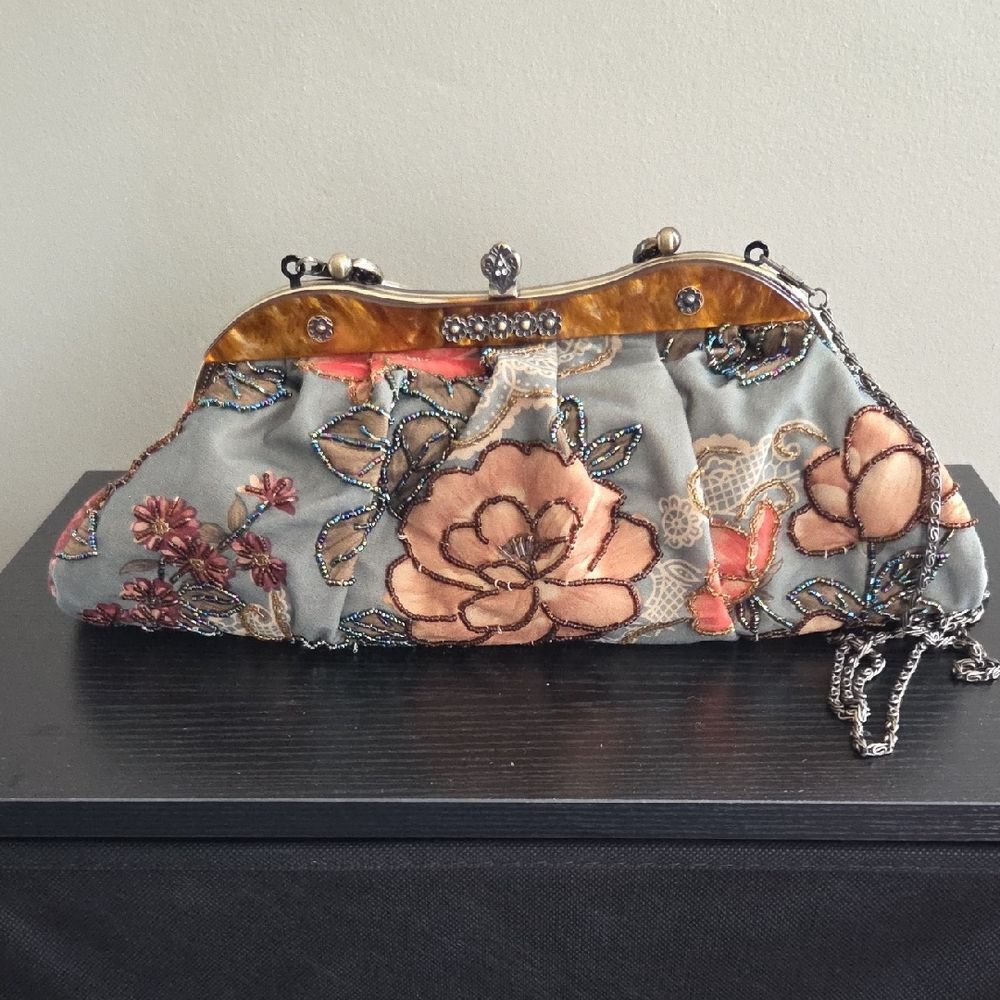 Floral Embroidered Clutch Bag - Gray and Brown